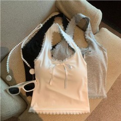 Spring and summer 2025 new sweet hot girl lace bow halter neck slim short vest top