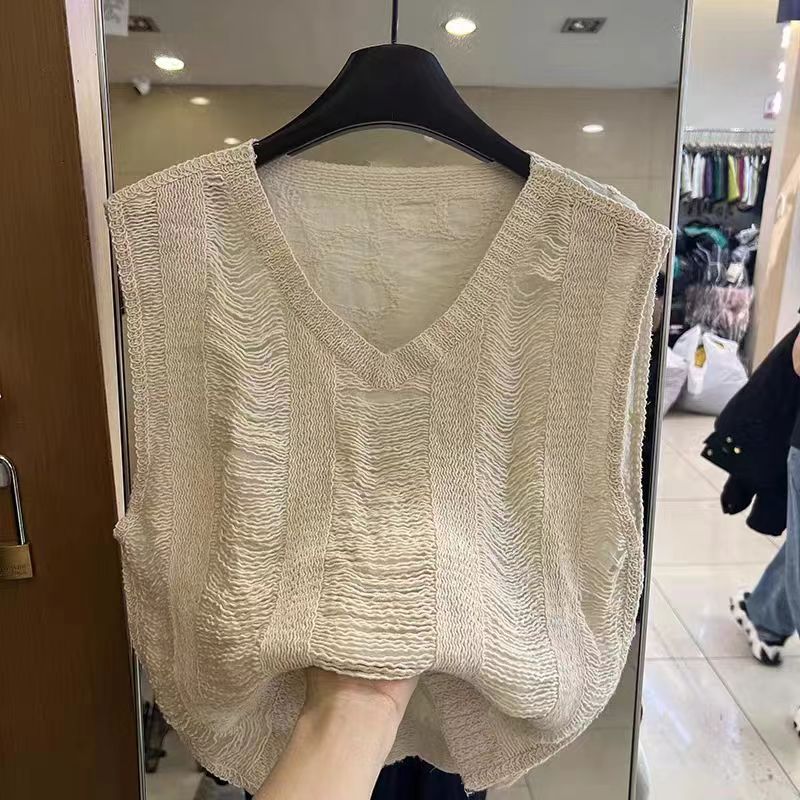 Summer retro tassel edge slimming knitted suspender vest internet celebrity versatile sleeveless top ripped beads
