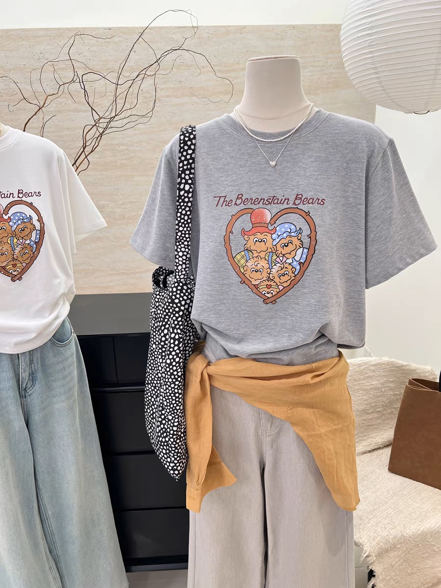 200g combed and tight-fitting sprinkler, pure cotton backpack, spring and summer loose shoulder printed short-sleeved T-shirt