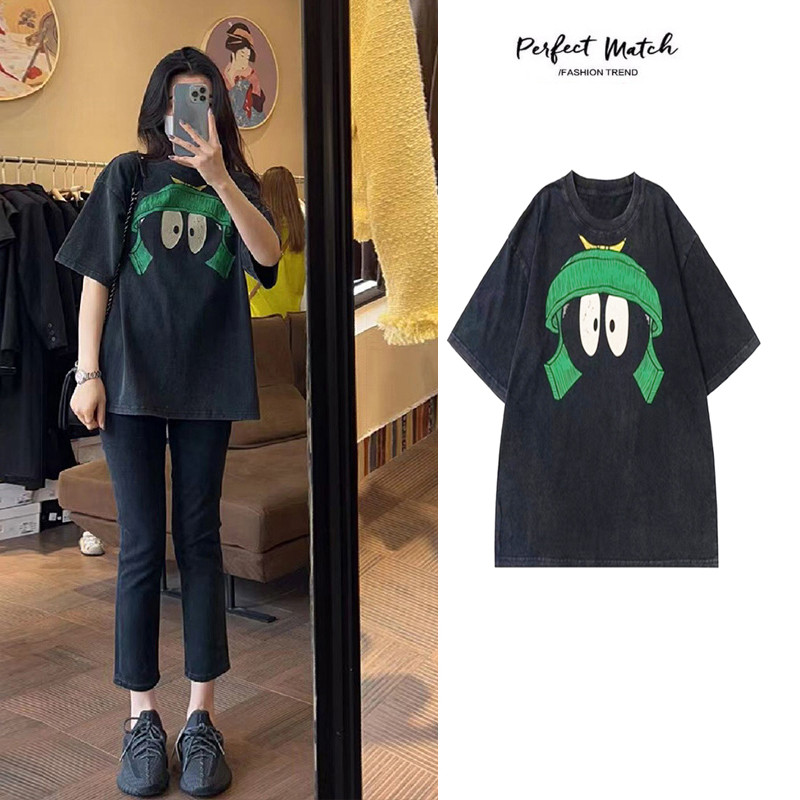 230g pure cotton collar, spring and summer American retro loose large size top printed washing and old short-sleeved T-shirt