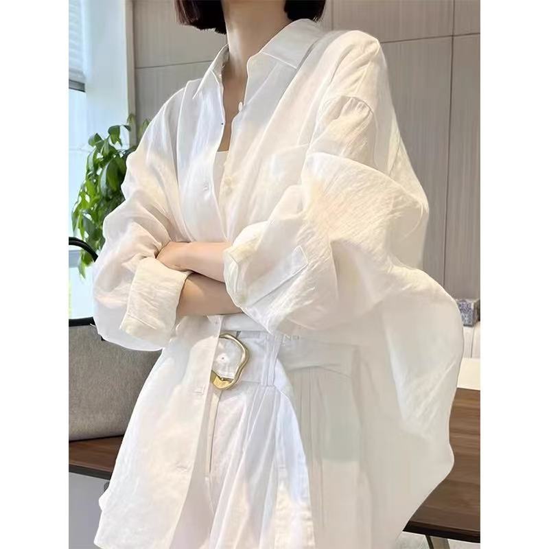 French white chiffon long-sleeved shirt top for women's spring 2025 new summer loose niche sunscreen shirt