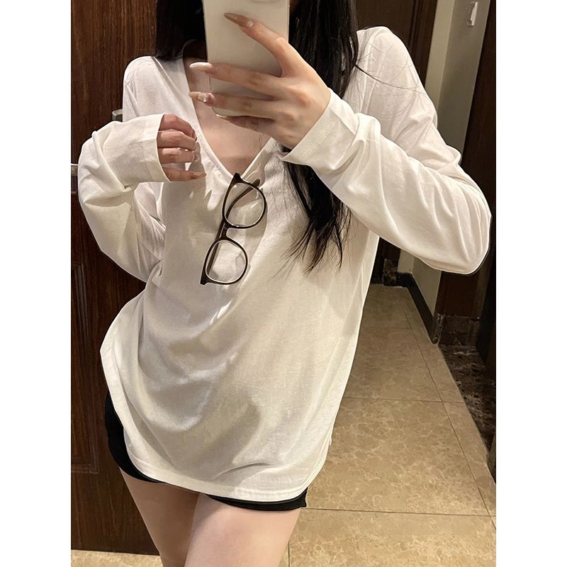 白色長袖t恤打底衫女春秋寬鬆內搭開叉慵懶百搭鬆弛感u領上衣