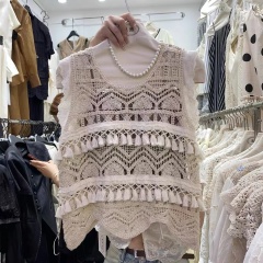 New summer Korean version round neck hollow hook lace sweet tassel flying sleeve vest hood