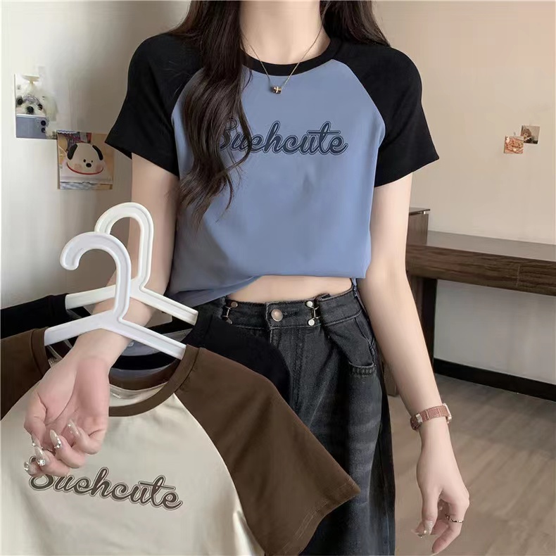 Real-life contrasting color rag-sleeved short-sleeved T-shirt for women in summer, slim short-sleeved bottoming shirt Hong Kong style chic top