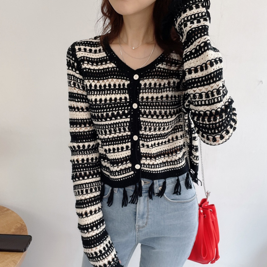Design-sensual retro tassel striped hollow thin knitted cardigan air conditioning shirt