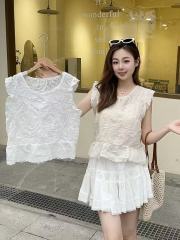 2025 spring new pure cotton fly sleeve heavy-duty embroidered knitted vest women's top unique sleeveless shirt