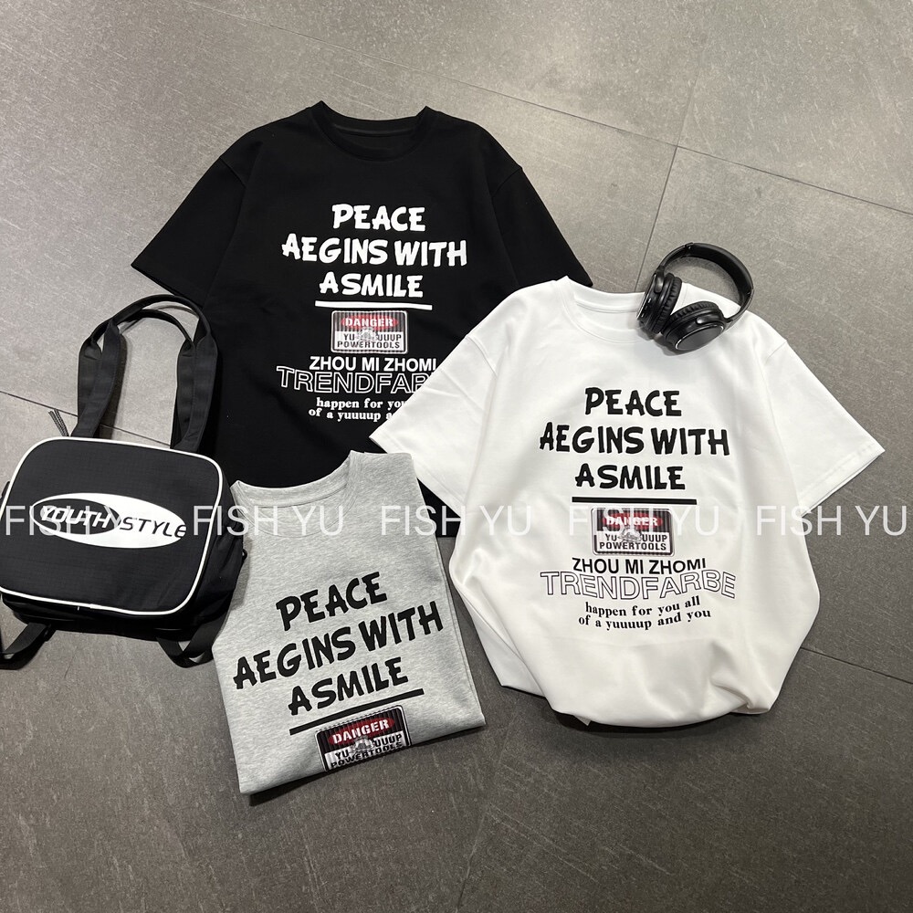 200g combed and tight-fitting sprinkler, pure cotton backpack, spring and summer loose shoulder printed short-sleeved T-shirt