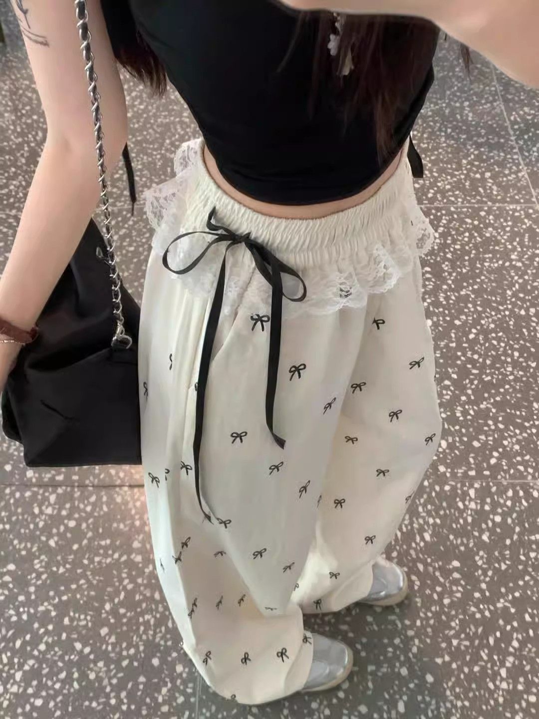 Sweet hot girl lace stitching casual pants bow pants for women summer loose and tight waist wide-leg pants straight pants
