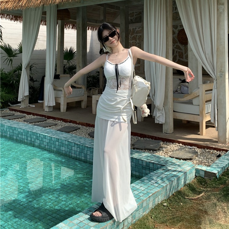 Real photo of bow tie lace suspender vest for women Chunchun robe top mesh splicing skirt set