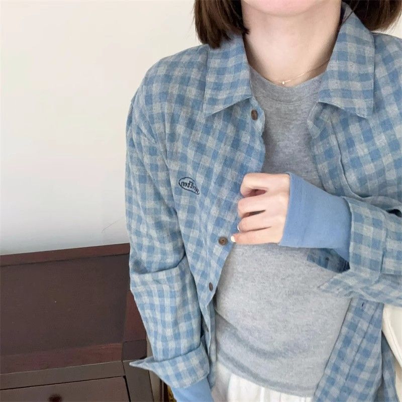 Blue and gray plaid grinding embroidered letter shirt early spring summer sun protection casual versatile top women's shirt jacket