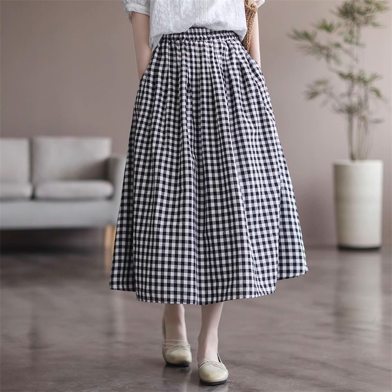 Simple Cotton Linen Striped Semi-Permanent Relaxed Waist Women's Mid-Long A-Line Skirt Summer New Arrival