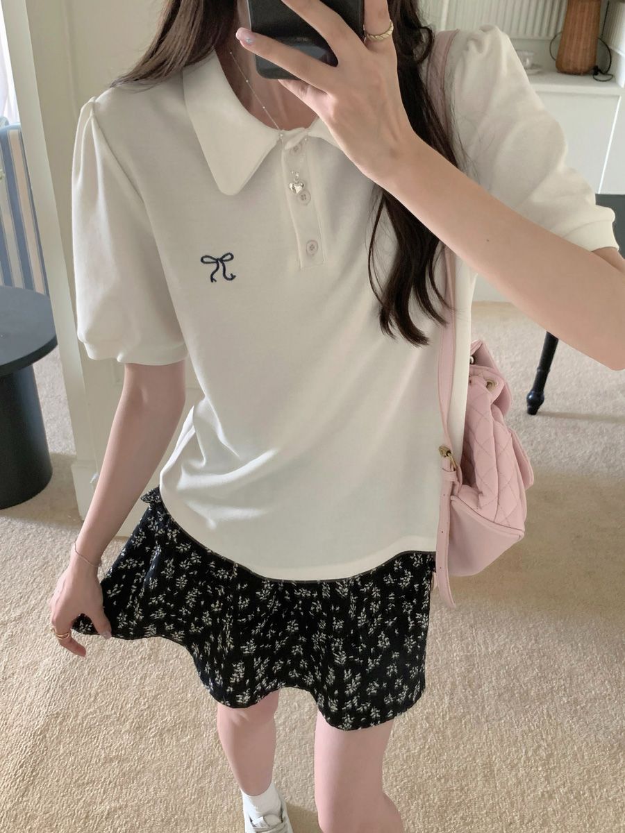 實拍珠地娃娃領蝴蝶結刺繡短袖T恤女夏季寬鬆顯瘦韓版半袖上衣潮