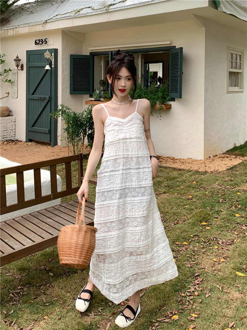 Real photo of sweet and spicy lace suspender dress with spring dress with gentle style loose slim mid-length white skirt