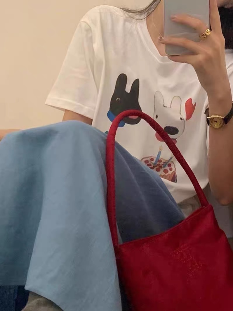 200g combed and tight spun in 2025, pure cotton back bag strip, spring and summer loose shoulder printed short-sleeved T-shirt