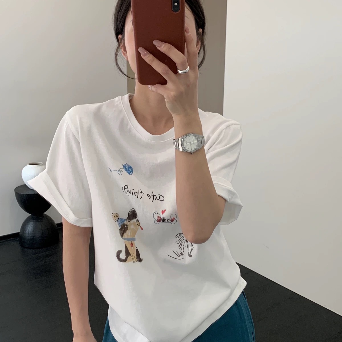 200g combed and tight-fitting sprinkler, pure cotton backpack, spring and summer loose shoulder printed short-sleeved T-shirt