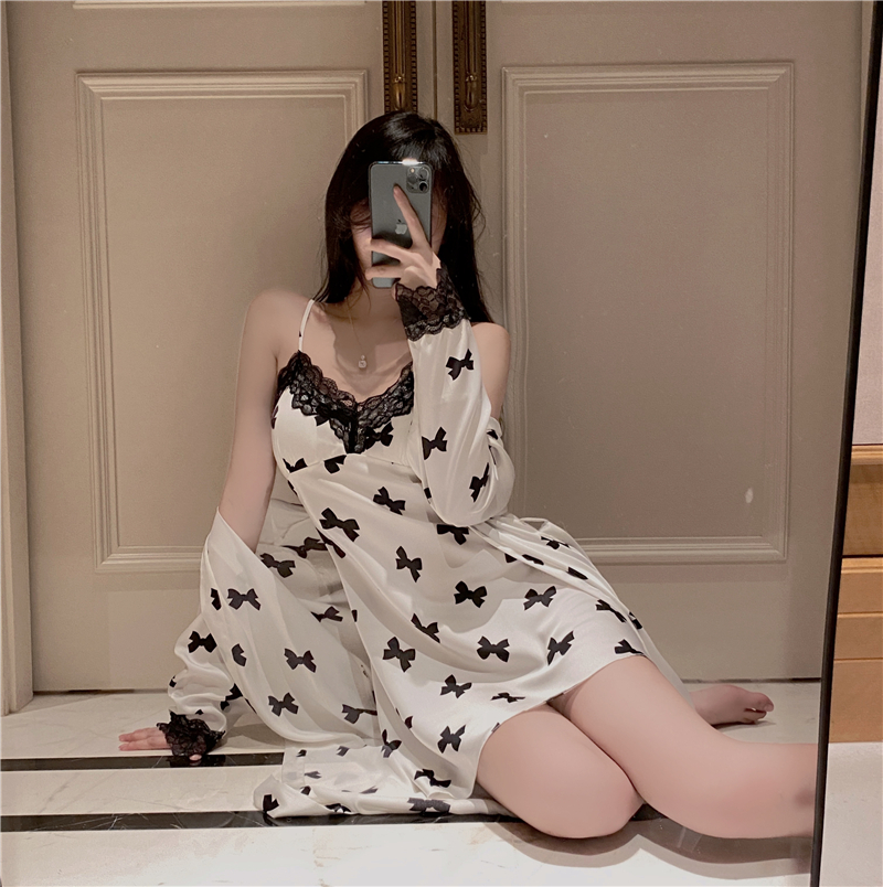 Real-life print bow lace pajamas ice silk sexy suspender nightgown + cardigan robe home clothes