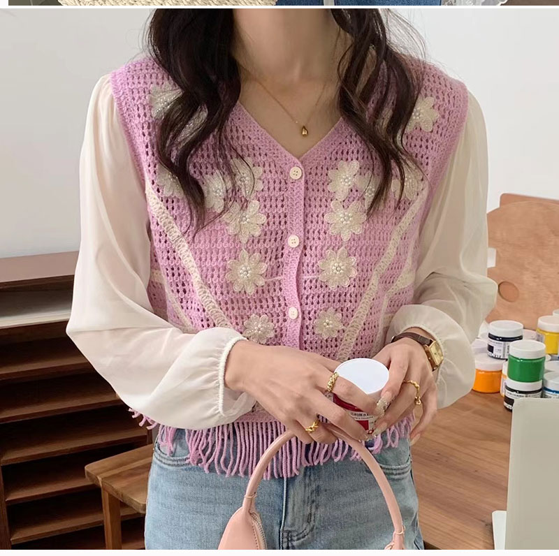 New Korean version of heavy industry bead embroidered with micro-transparent tassel long-sleeved cardigan shirt pure sensual shirt plant flowers