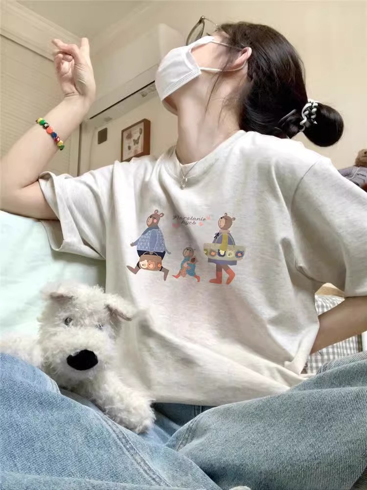 200g combed and tight spun in 2025, pure cotton back bag strip, spring and summer loose shoulder printed short-sleeved T-shirt