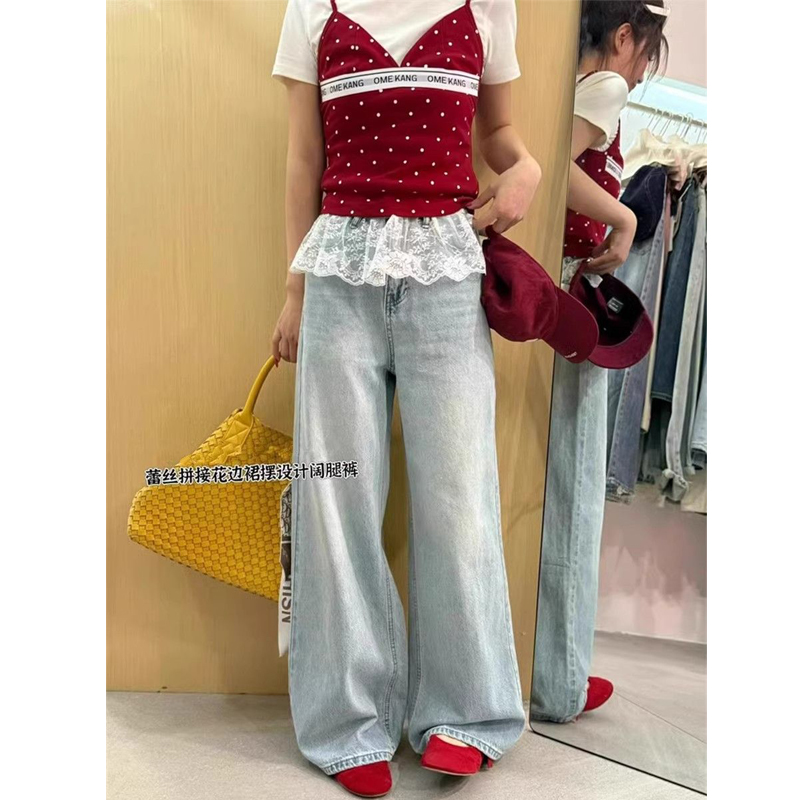 Lace spliced ​​lace wide-leg jeans for women in spring European goods high waist loose versatile casual straight floor trousers