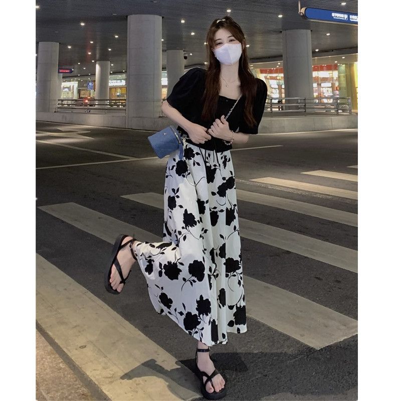 Summer new high-waist printed strap slimming mid-length A-line large skirt for women