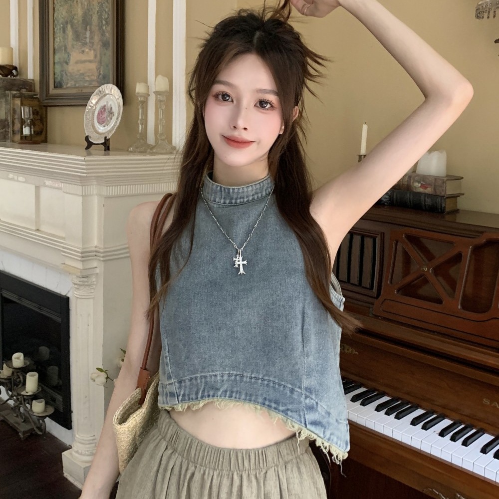 毛邊流蘇牛仔吊帶背心女設計感顯瘦不規則上衣辣妹小眾