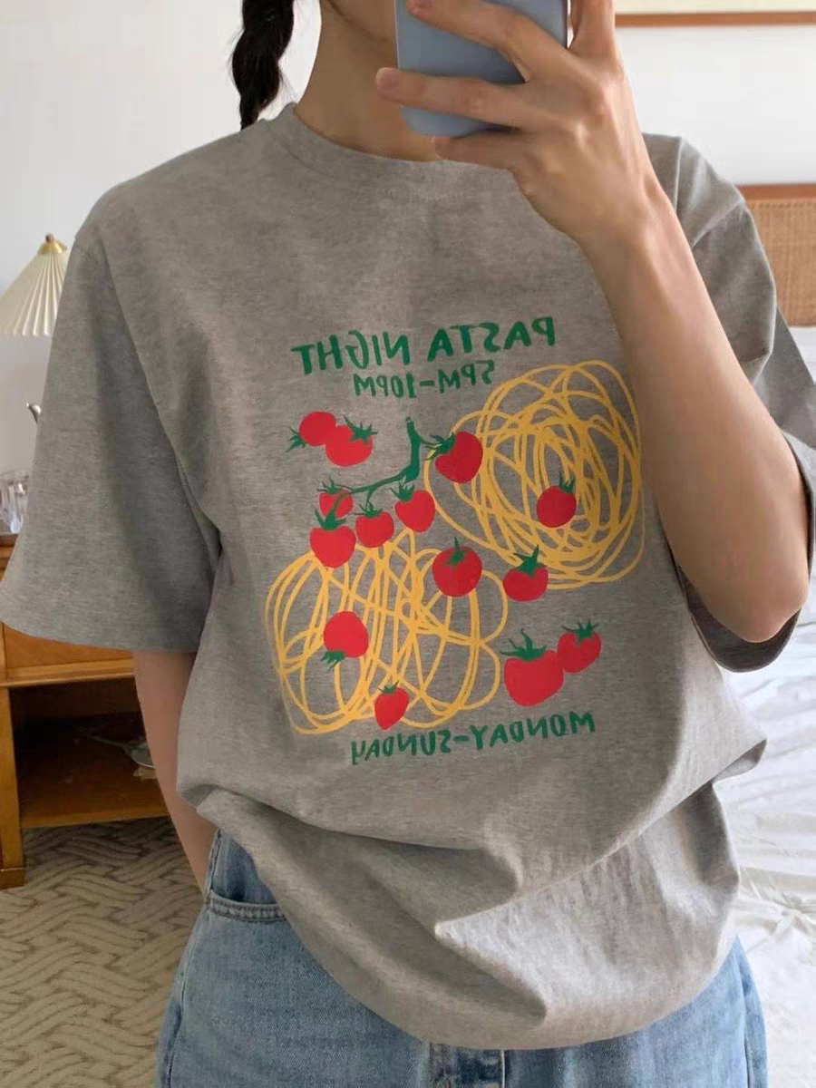 200g combed and tight spun in 2025, pure cotton back bag strip, spring and summer loose shoulder printed short-sleeved T-shirt