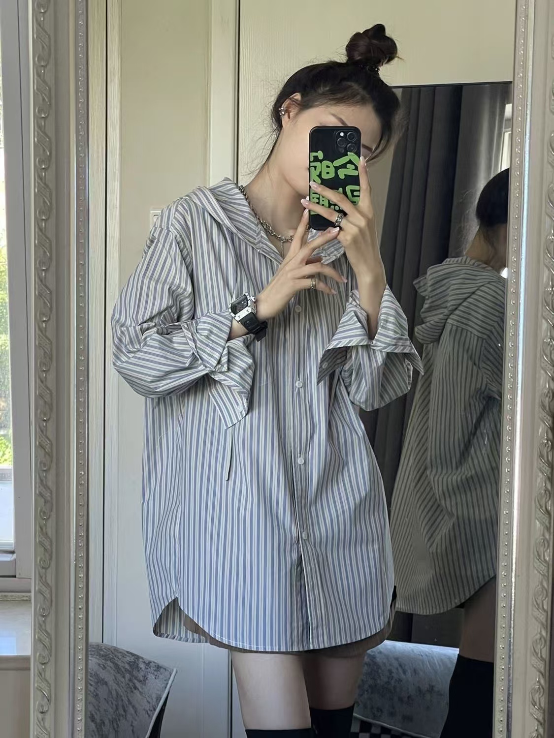 Niche design feel loose oversize hooded mid-length striped shirt versatile sun protection