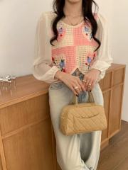 Korean sun protection internet celebrity style fashionable knitted crochet spliced ​​long sleeves for women in autumn new fake two-piece chiffon shirt top