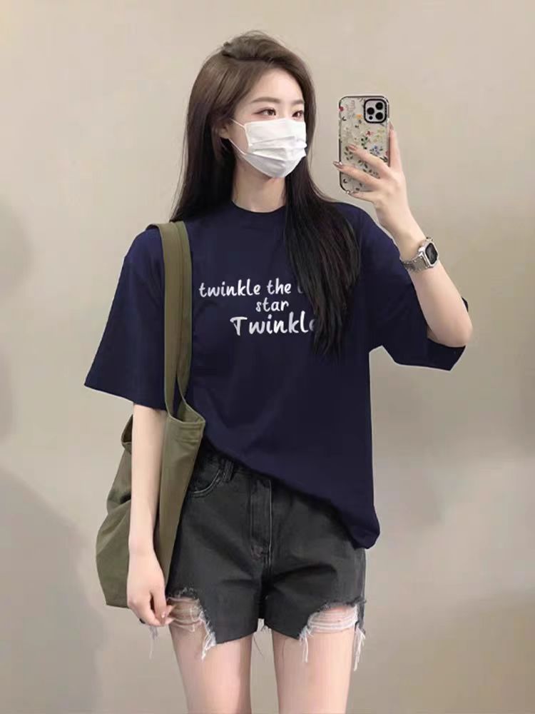 200g combed and tight spun in 2025, pure cotton back bag strip, spring and summer loose shoulder printed short-sleeved T-shirt