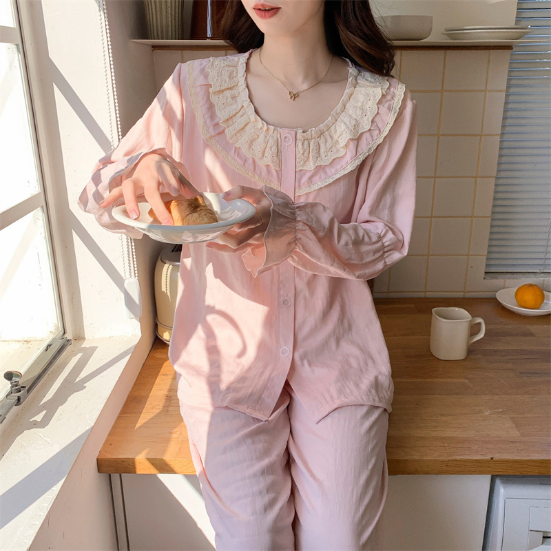 Real shot 2025 new pajamas for women sweet solid color lace cloud cotton princess style home clothing set