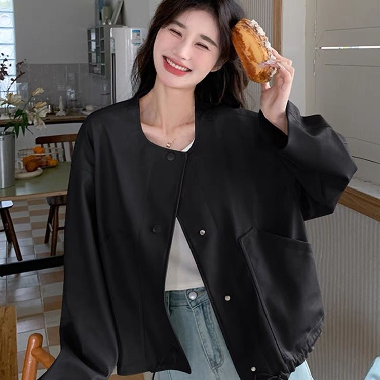 Spring 2025 New Design Hem Drawstring Baseball Jacket Leather Coat Women's Loose Casual Motorbike Jacket