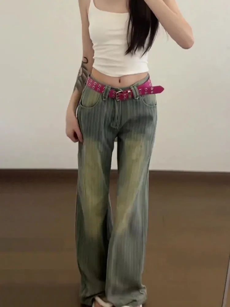 2025春季美式設計感條紋做舊直筒牛仔褲女新款小眾百搭垂感闊腿褲