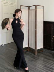 實拍復古性感步步生蓮新中式修身顯瘦改良旗袍魚尾裙連衣裙女