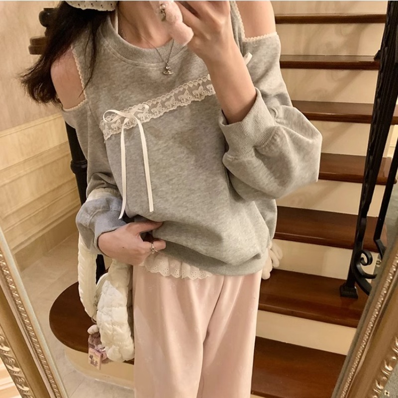 Hua Cotton Imitation Cotton Combination 2025 Spring and Autumn New Off-shoulder Lazy Style Bow Lace Loose Sweatshirt Women's Top Trendy