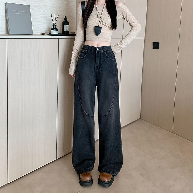 Real photo~ American retro black wide-leg jeans for women's new spring high-waist drooping floor pants