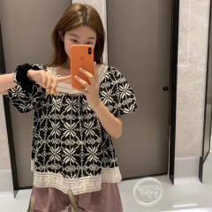 雪紡衫女短袖夏季新款蕾絲方領上衣寬鬆復古法式娃娃衫襯衣潮