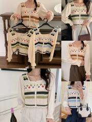 Sweet square neck hollow hook chiffon shirt for women in spring and summer design sense of niche, unique and loose short top trendy