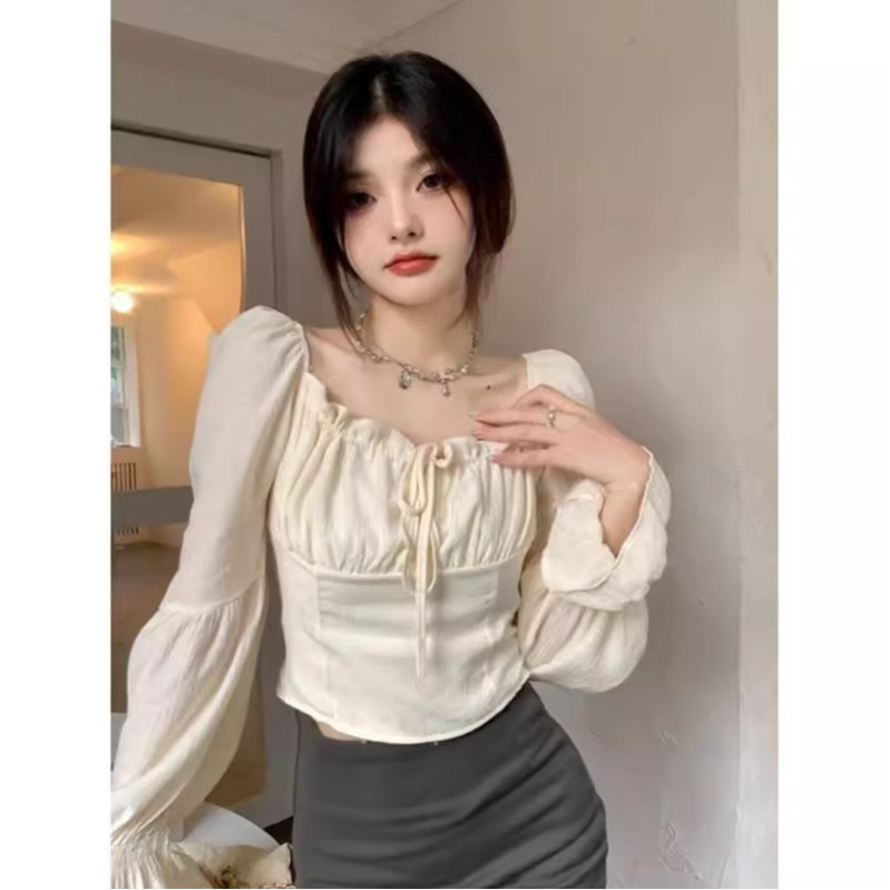 French palace style drawstring square collar long sleeve shirt for women for autumn design niche shirt slim short top
