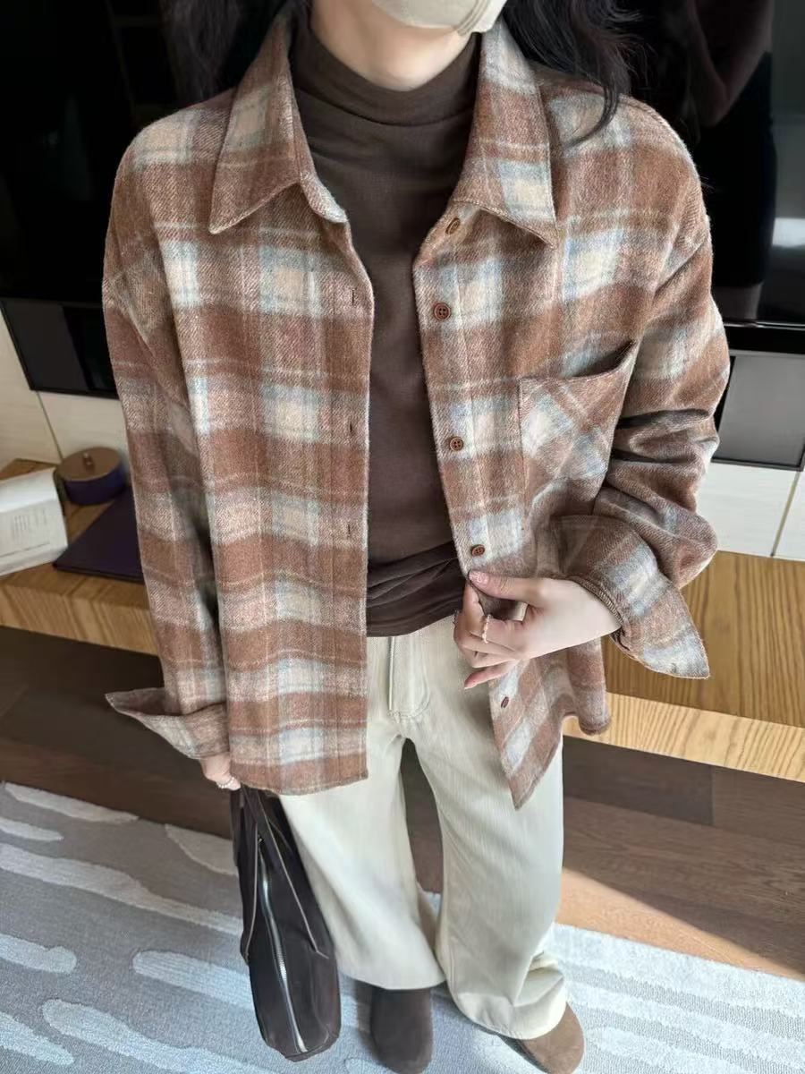 Caramel color retro long-sleeved plaid high-end new shirt casual versatile loose jacket lazy shirt cardigan