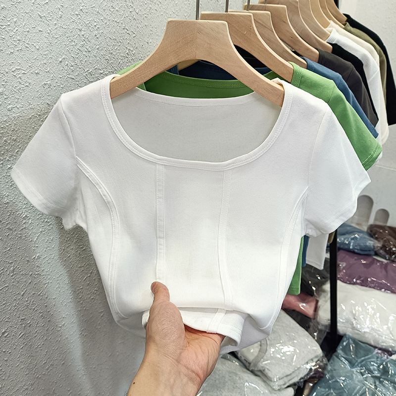 實拍  純棉羅紋方領魚骨修身知款短袖上衣女
