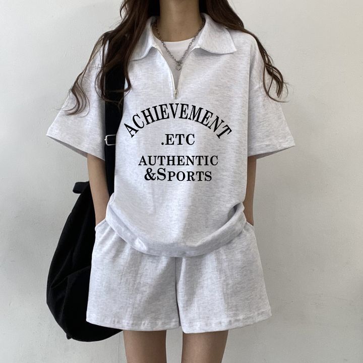 女裝拉鏈立領外套短袖兩件套新款夏套裝兩件套