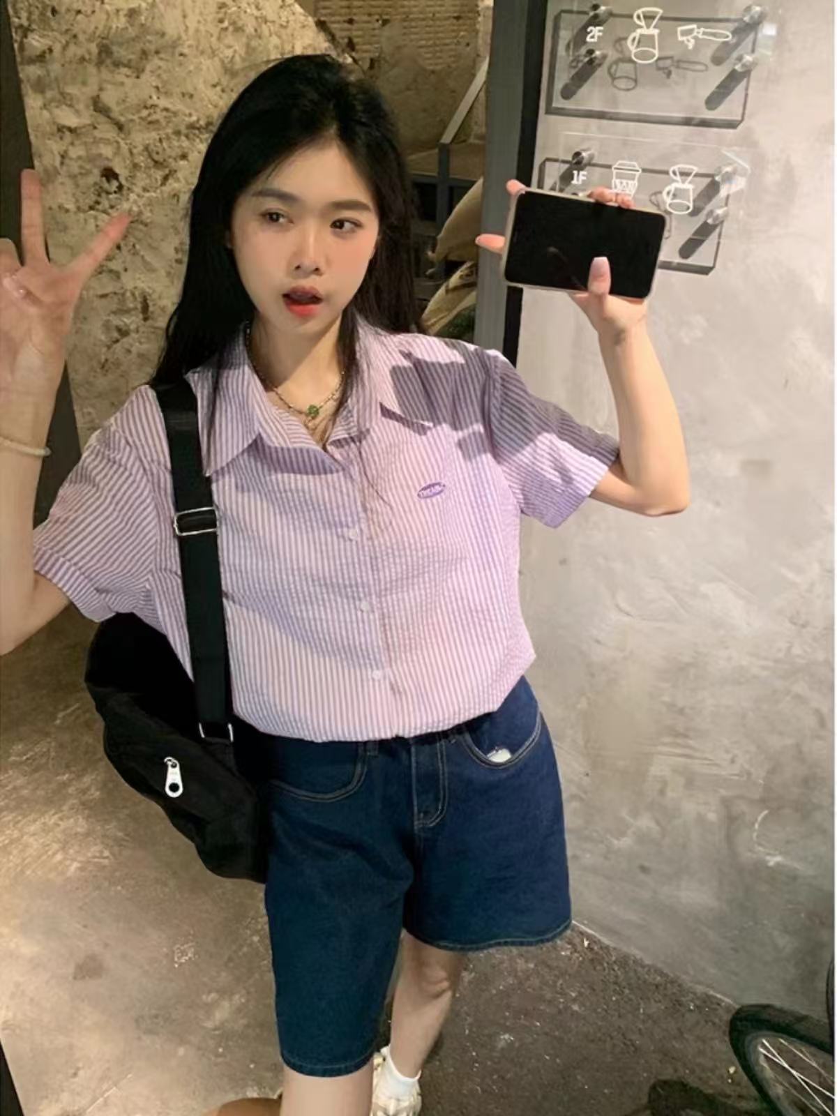 Korean lapel striped shirt for women in summer new style college style loose casual age-reducing versatile short-sleeved top trendy