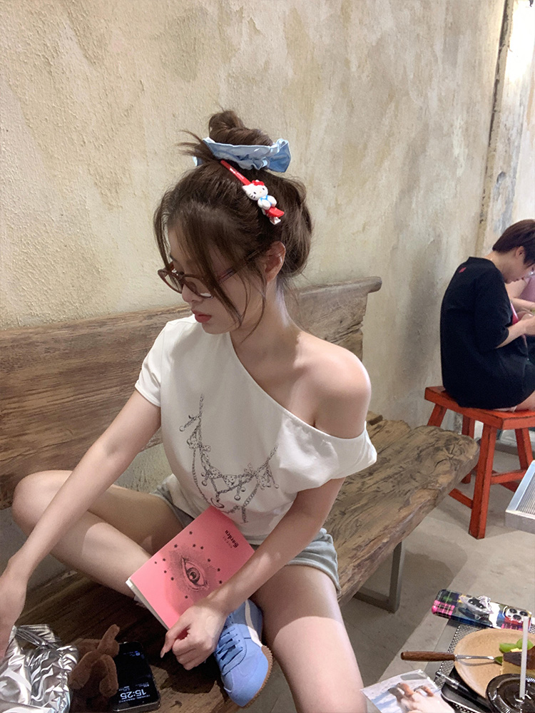 純棉 韓國chic夏季新款韓版寬鬆顯瘦別致露肩白色短袖t恤女上衣潮