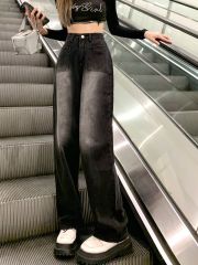 2025 summer new Korean retro straight large size jeans wash black high waist wide-leg floor pants high street