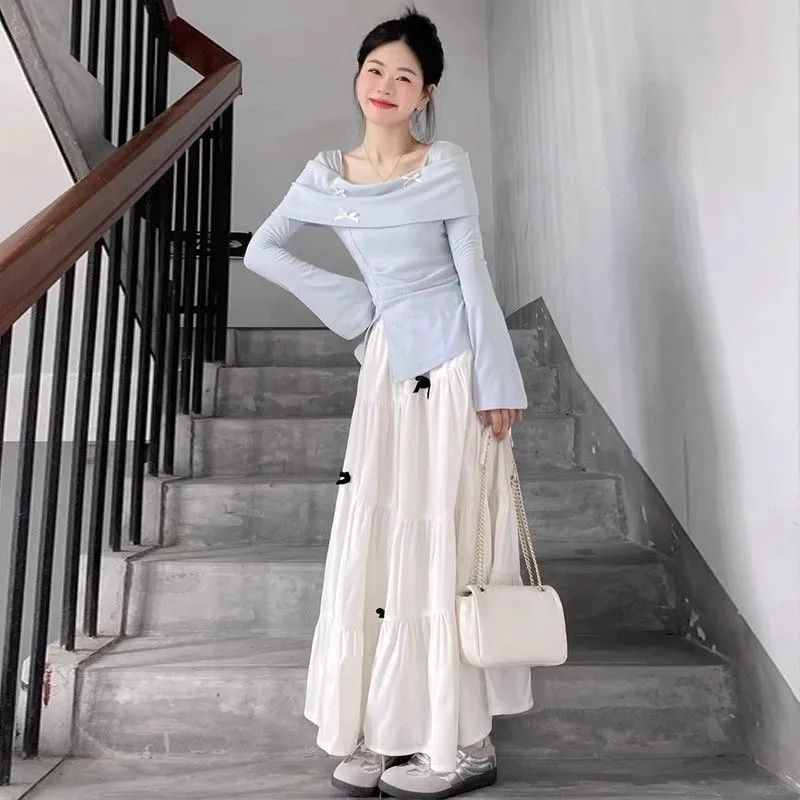 Three-dimensional bow cake skirt spring and autumn white skirt women's small high-waisted slim A-line skirt umbrella skirt