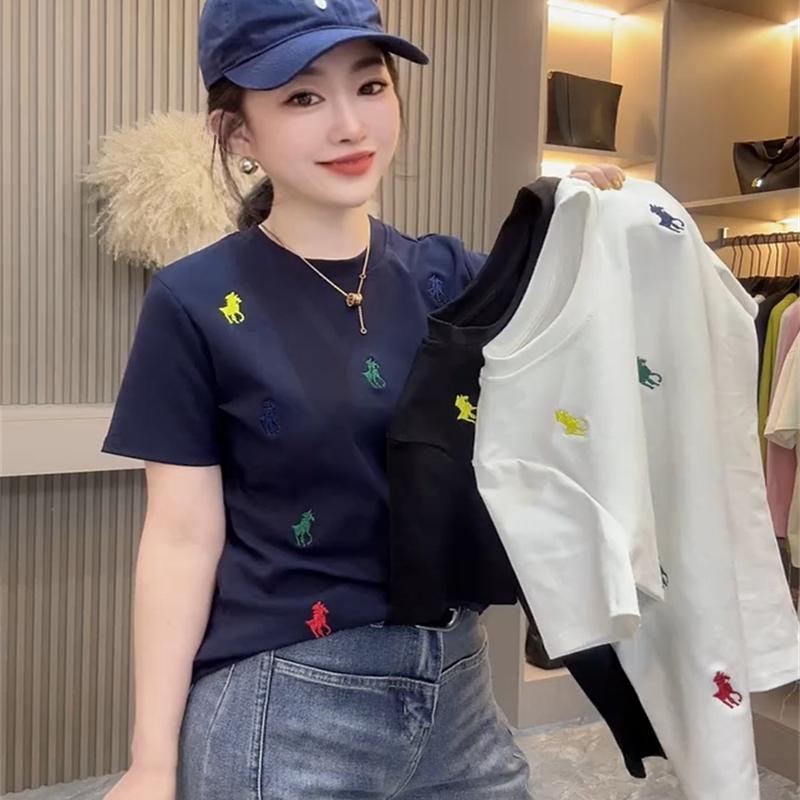 純棉 韓國chic夏季新款刺繡小馬圓領正肩短袖女修身顯瘦百搭T恤女