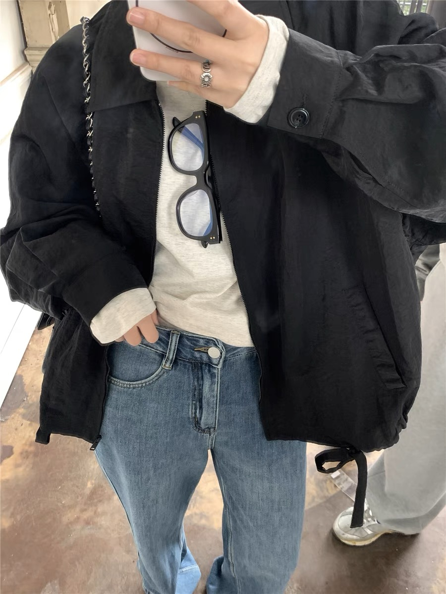 New cool black sweet sausage lapel strap zipper short windbreaker jacket lantern sleeve spring and autumn women's jacket