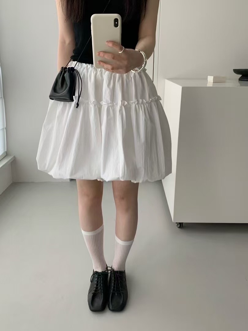 2025年春季新款甜美花苞裙蝴蝶結系帶花苞裙白色半身裙女蓬蓬短裙