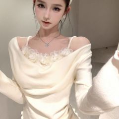 官圖 拼接假兩件長袖T恤女春一字肩盪領純欲立體花朵絕美上衣