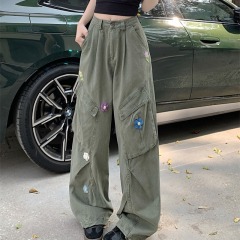 2025 summer Korean version American retro green flower embroidered overalls design sense high waist straight wide-leg pants